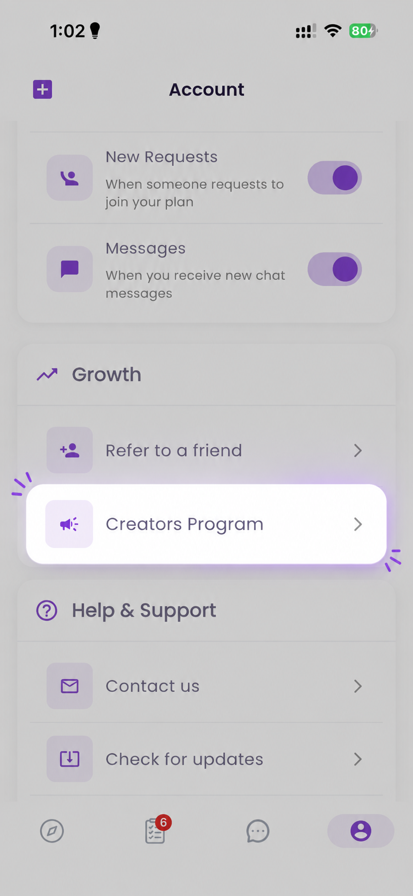 AskOut Account screen with Creators Program highlighted under Growth